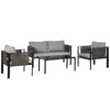 DodiOnline 4 Piece Metal Outdoor Furniture Set with Tempered Glass Coffee Table, Texteline Pocket, Outdoor Patio Set Loveseat Single Armchairs with Padded Cushions, Light Grey