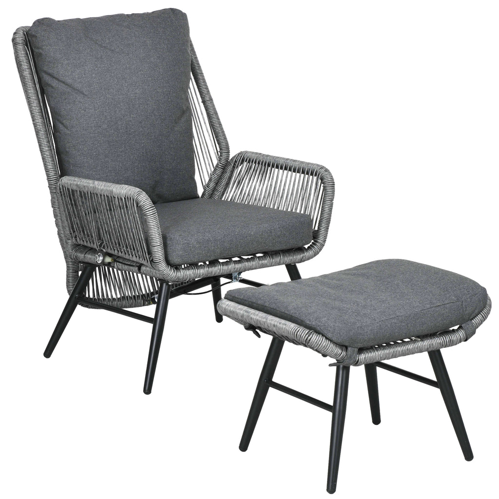 DodiOnline String Rattan Armchair and Footstool Set, with Cushions - Grey