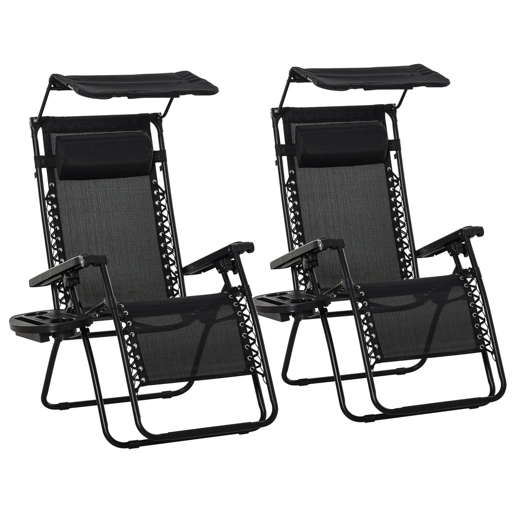 DodiOnline 2 Piece Foldable Reclining Garden Chair with Headrest, Zero Gravity Deck Sun Lounger Seat Chair with Footrest, Armrest, Cup Holder & Canopy Shade, Black