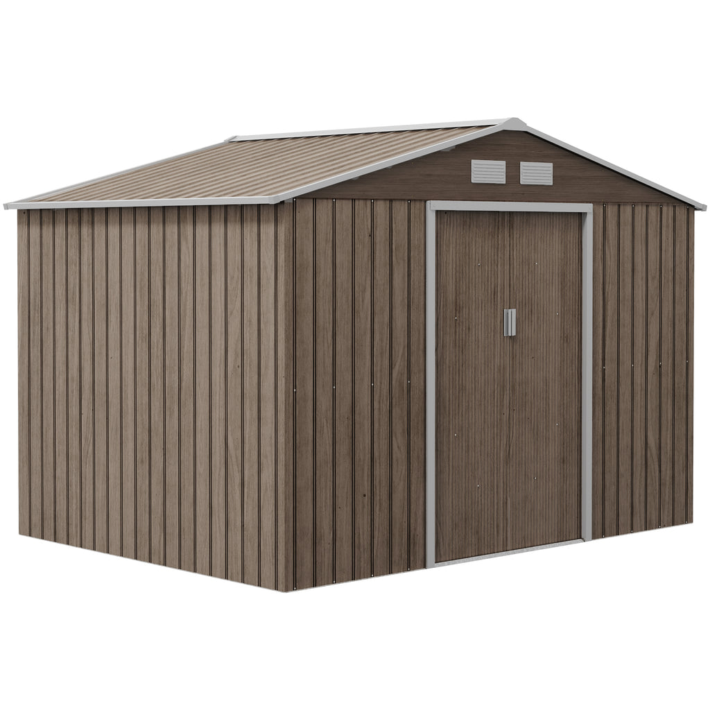 DodiOnline 9 x 6ft Garden Metal Storage Shed, Outdoor Storage Tool House with Vents, Foundation and Lockable Double Doors, Brown