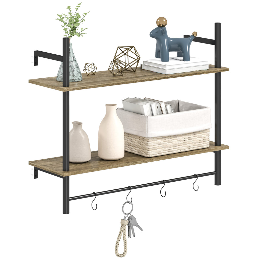 DodiOnline Wall Mounted Floating Shelves with 4 Hooks, Rustic Wall Shelf Unit for Living Room, Entryway, Grey