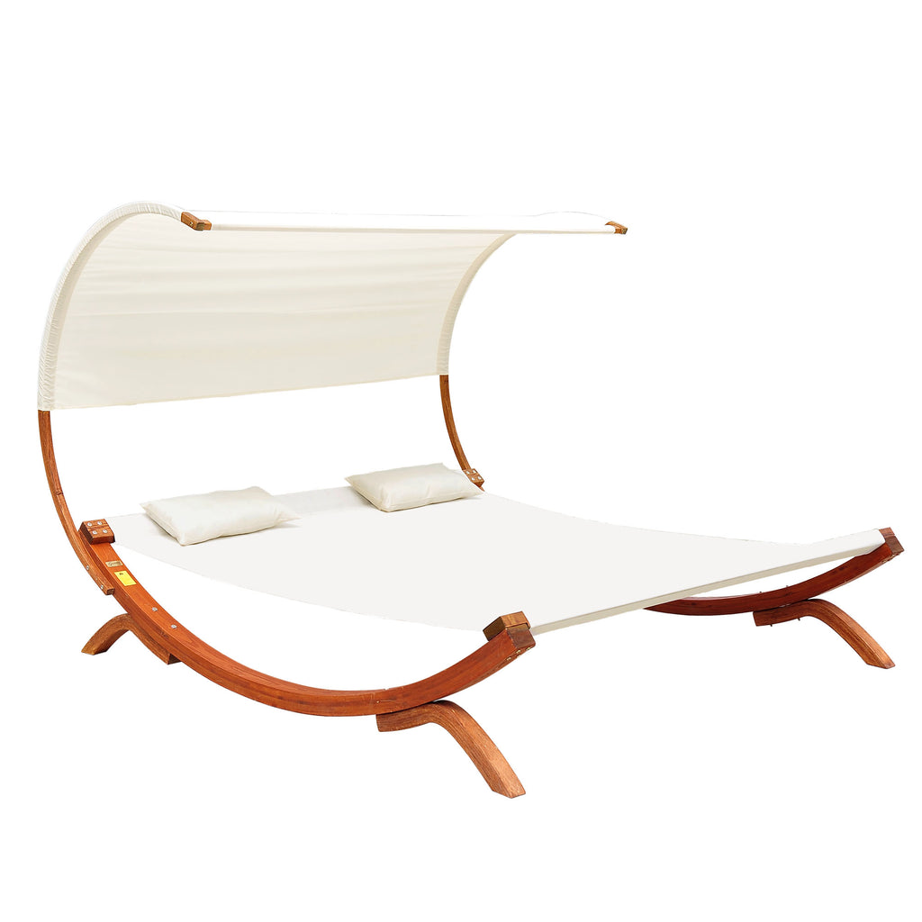 DodiOnline Hammock Chaise Day Bed with Canopy Wooden Double Sun Lounger - Cream