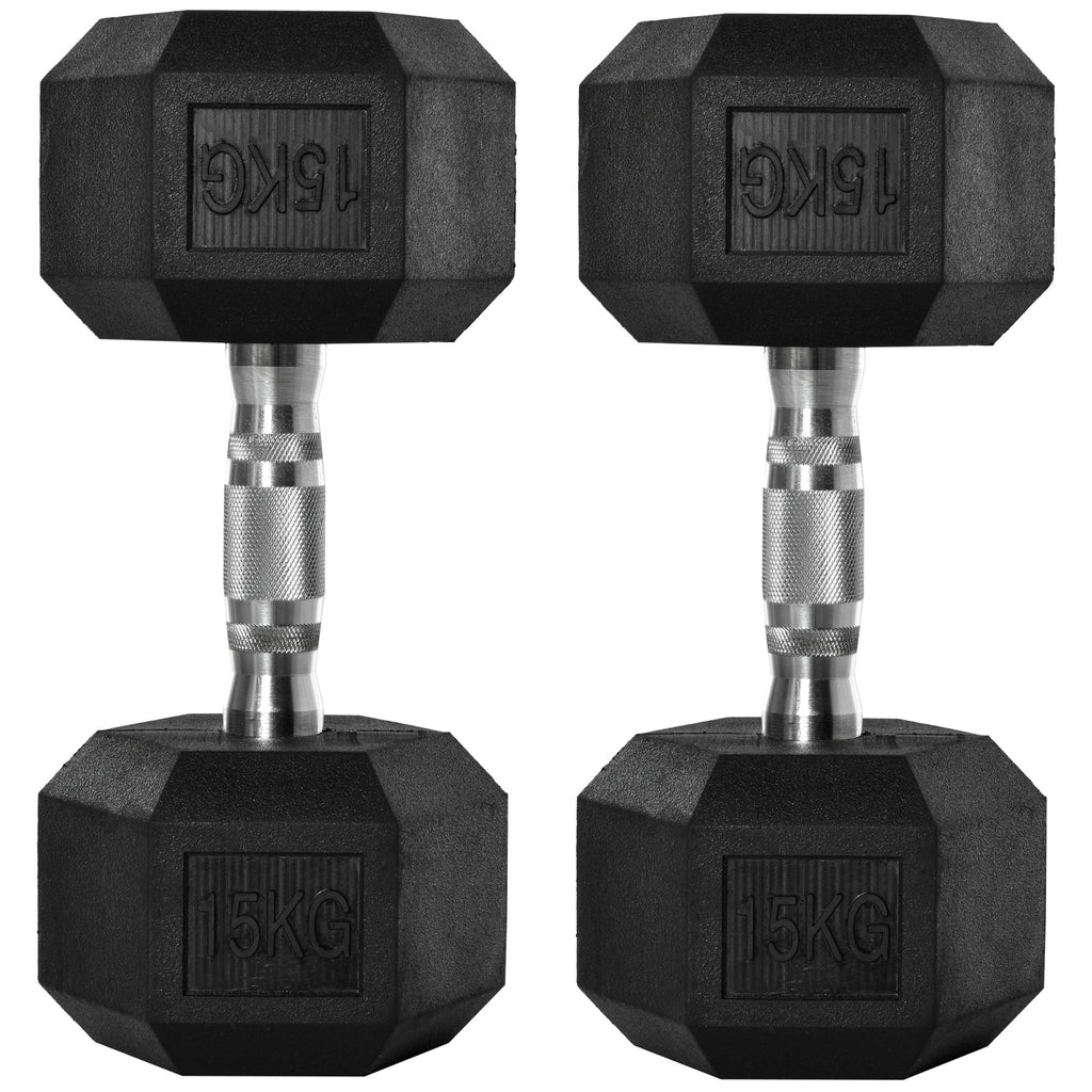 DodiOnline 2x15kg Rubber Hex Dumbbell Portable Hand Weights Dumbbell Home Gym Workout Fitness Hand Dumbbell