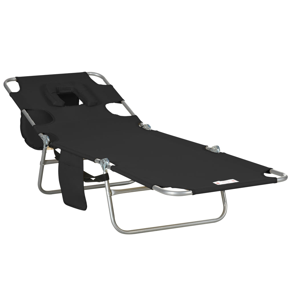 DodiOnline Foldable Sun Lounger, Beach Chaise Lounge with Reading Hole, Arm Slots, 5-Position Adjustable Backrest, Side Pocket, Pillow for Patio, Garden, Beach, Pool, Black
