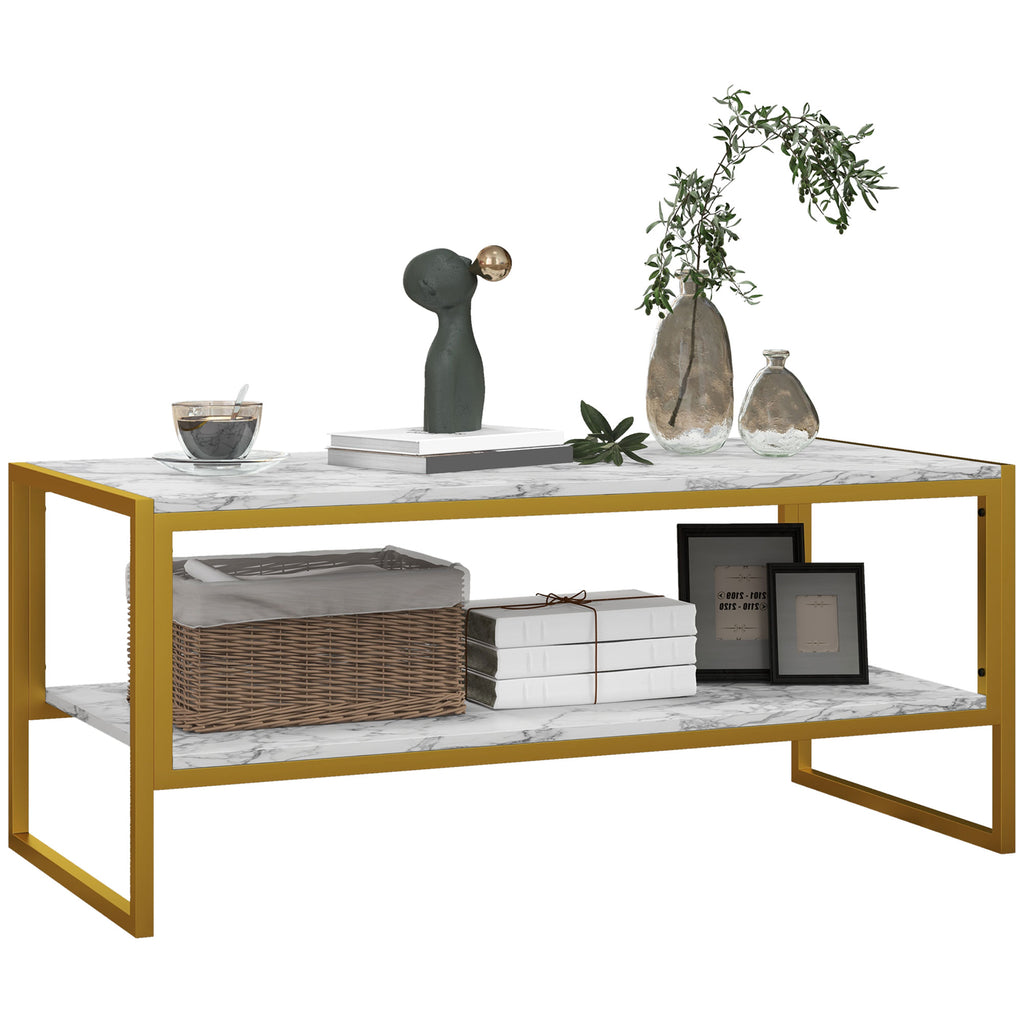DodiOnline Coffee Table, Two-Tier Marble Centre Table with Metal Frame and Storage Shelf for Living Room, 106 x 50 x 45cm, White