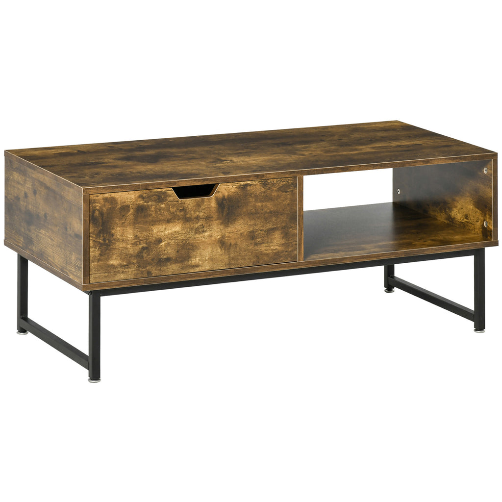 DodiOnline Industrial Coffee Table, Centre Table with Storage Shelf, Drawer and Metal Frame, Coffee Tables for Living Room, Office, 106W x 48D x 43H cm, Rustic Brown