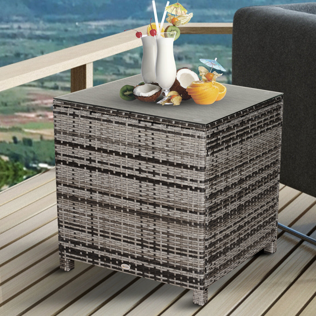 DodiOnline Square PE Rattan Garden Table, with Glass Table Top - Grey