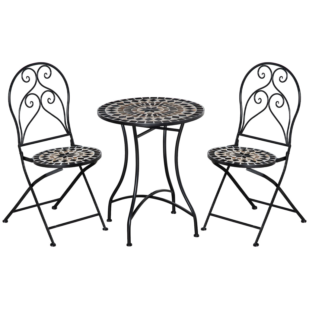 DodiOnline 3 Piece Garden Bistro Set with Coffee Table and 2 Folding Chairs, Mosaic Tile Top and Seats, Metal Frame, for Patio Balcony