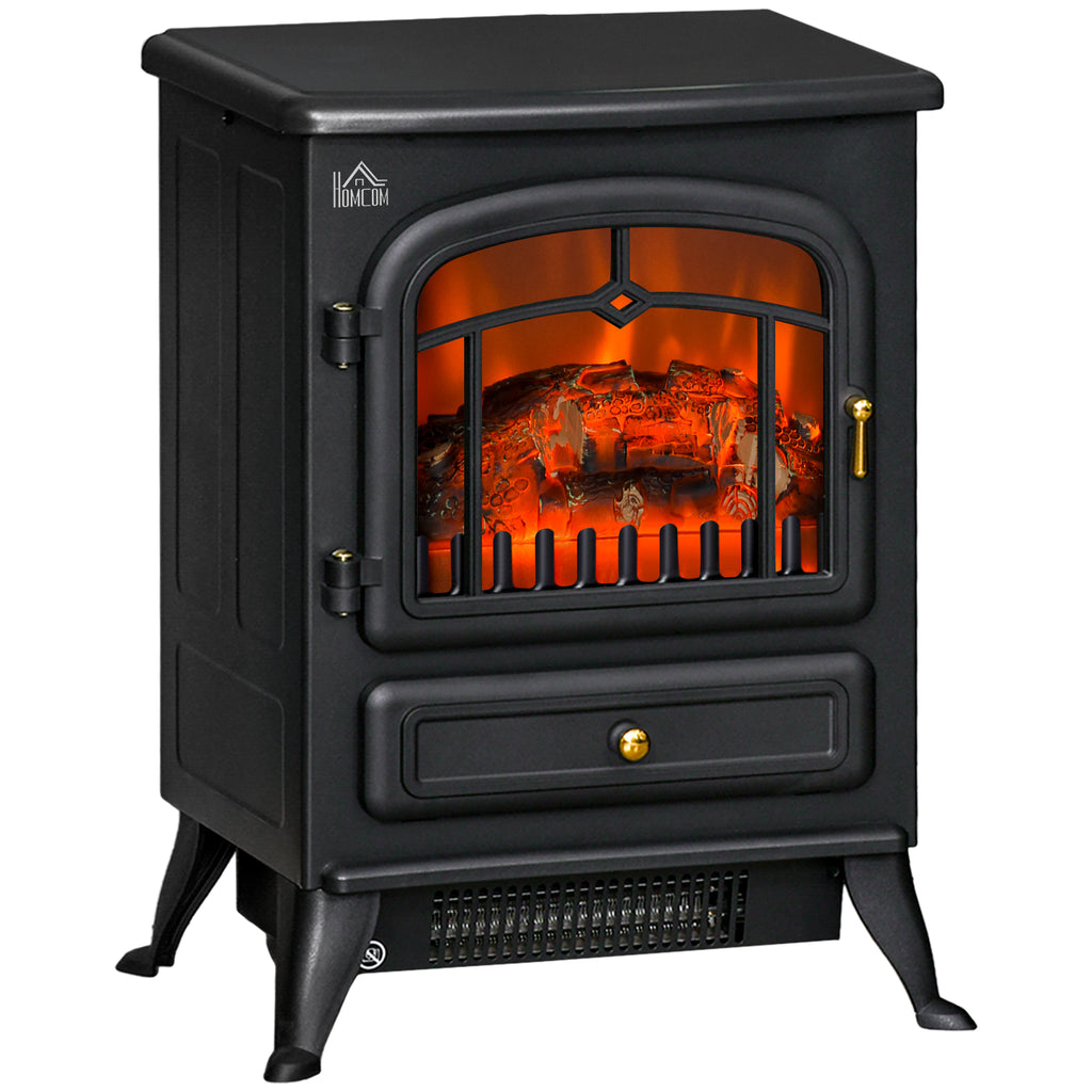 DodiOnline Freestanding Electric Fireplace Indoor Heater Glass View Log Wood Burning Effect Flame Portable Fireplace Stove 950/1850W Black