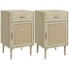 DodiOnline Bedside Table Set of 2, Rattan Side Tables with Drawer, Cabinet and Adjustable Shelf, Boho Bedside Cabinet with Storage for Bedroom, Living Room, Natural Wood Effect