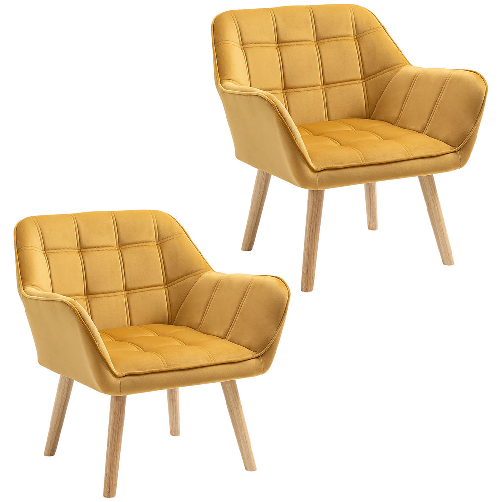 DodiOnline Armchair Accent Chair, Vanity Chair with Wide Arms, Slanted Back, Padding, Metal Frame, Wooden Legs, Home Bedroom Furniture Seating, Set of 2, Yellow