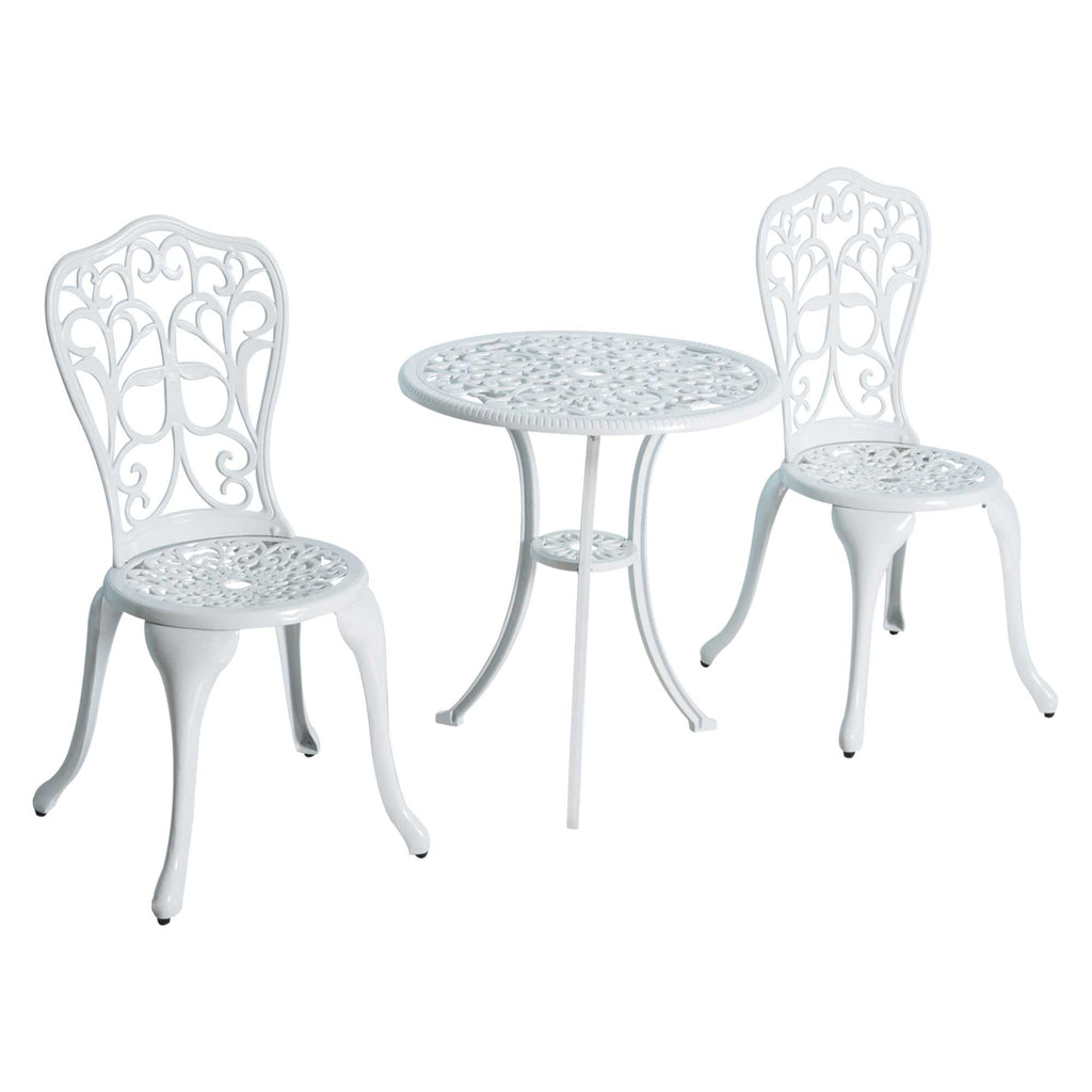 DodiOnline 3 Pieces Antique Garden Bistro Set for 2, Cast Aluminium Garden Furniture Set with Umbrella Hole, White