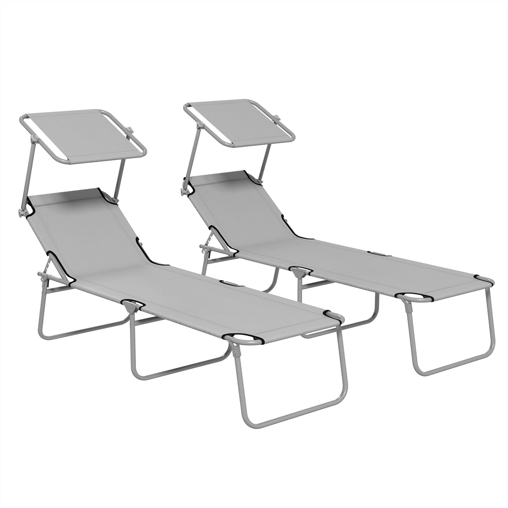 DodiOnline Outdoor Foldable Sun Lounger Set of 2, 4 Level Adjustable Backrest Reclining Sun Lounger Chair with Angle Adjust Sun Shade Awning for Beach, Garden, Patio, Light Grey