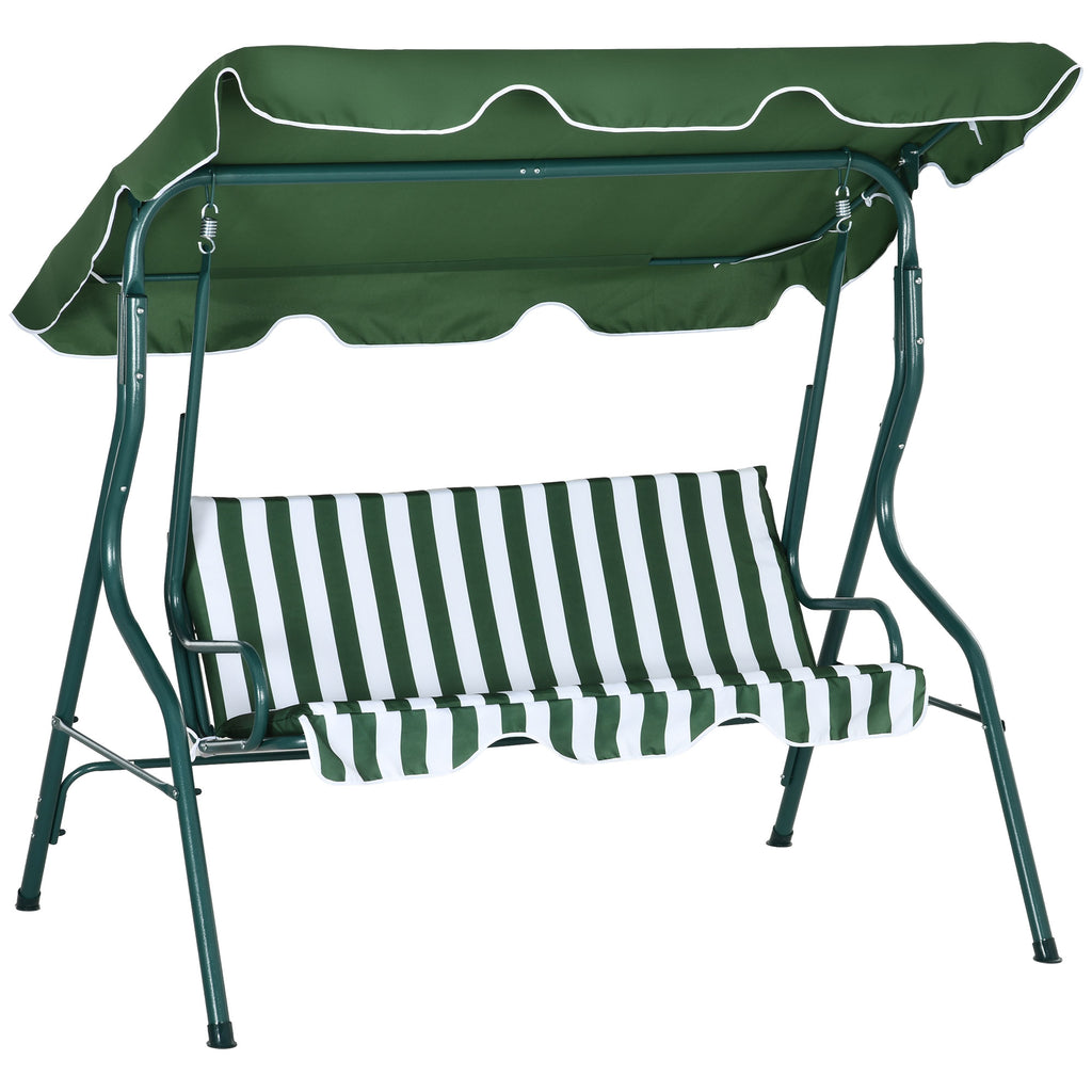 DodiOnline 3 Seater Garden Swing Seat Chair Outdoor Bench with Adjustable Canopy and Metal Frame, Green Stripes