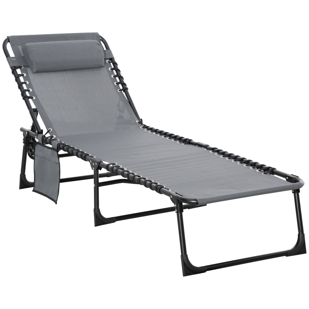 DodiOnline Portable Sun Lounger, Folding Camping Bed Cot, Reclining Lounge Chair 5-position Adjustable Backrest with Side Pocket, Pillow for Patio Garden Beach Pool, Grey