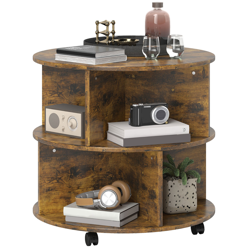 DodiOnline Round Coffee Table with Wheels, 3-Tier Rolling Side Table for Living Room with Divided Shelves, Rustic Brown