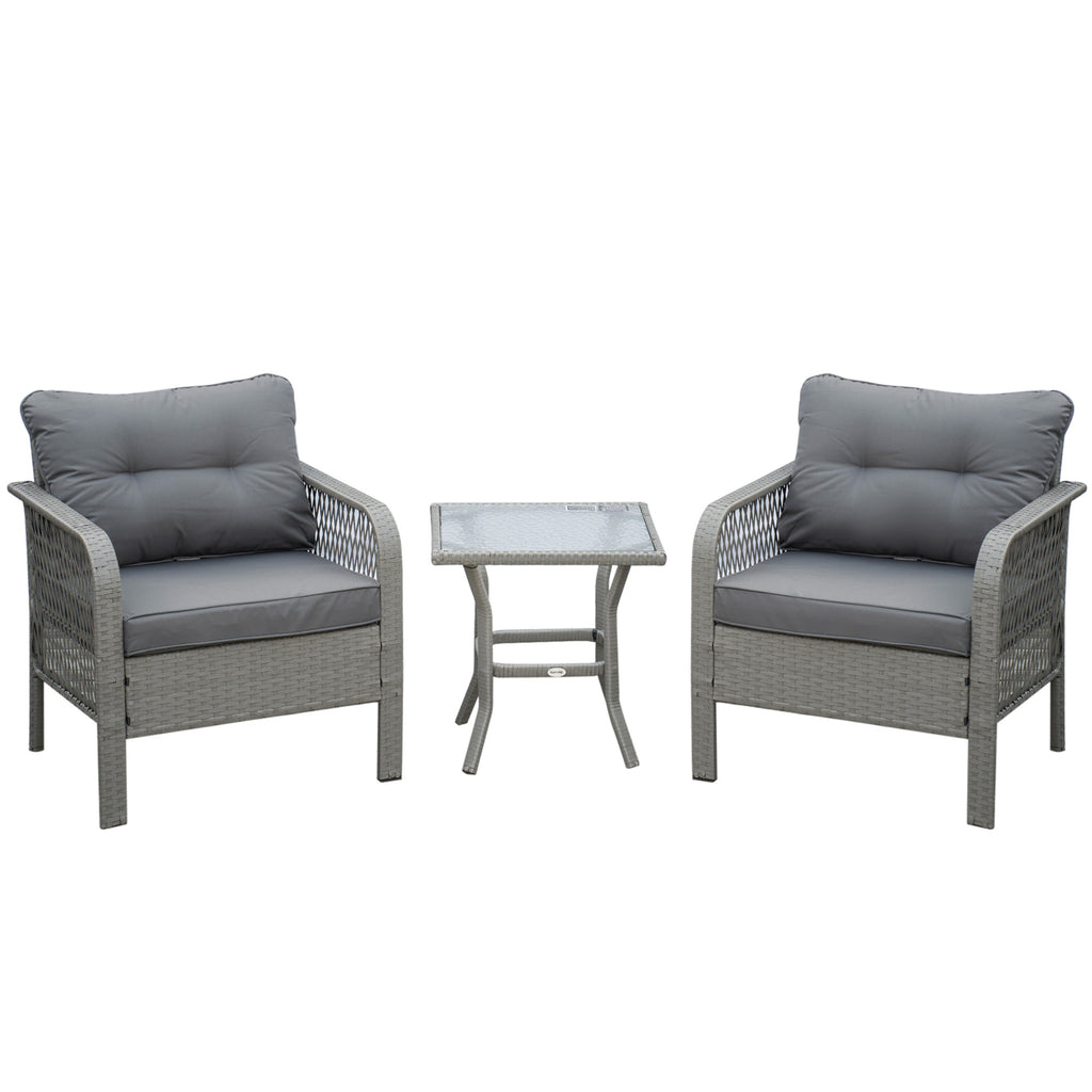 DodiOnline 3 Pieces Rattan Bistro Set, Wicker Outdoor Furniture Set with Glass Top Coffee Table and Chairs, Thickened Cushions for Outdoor, Patio, Balcony, Grey