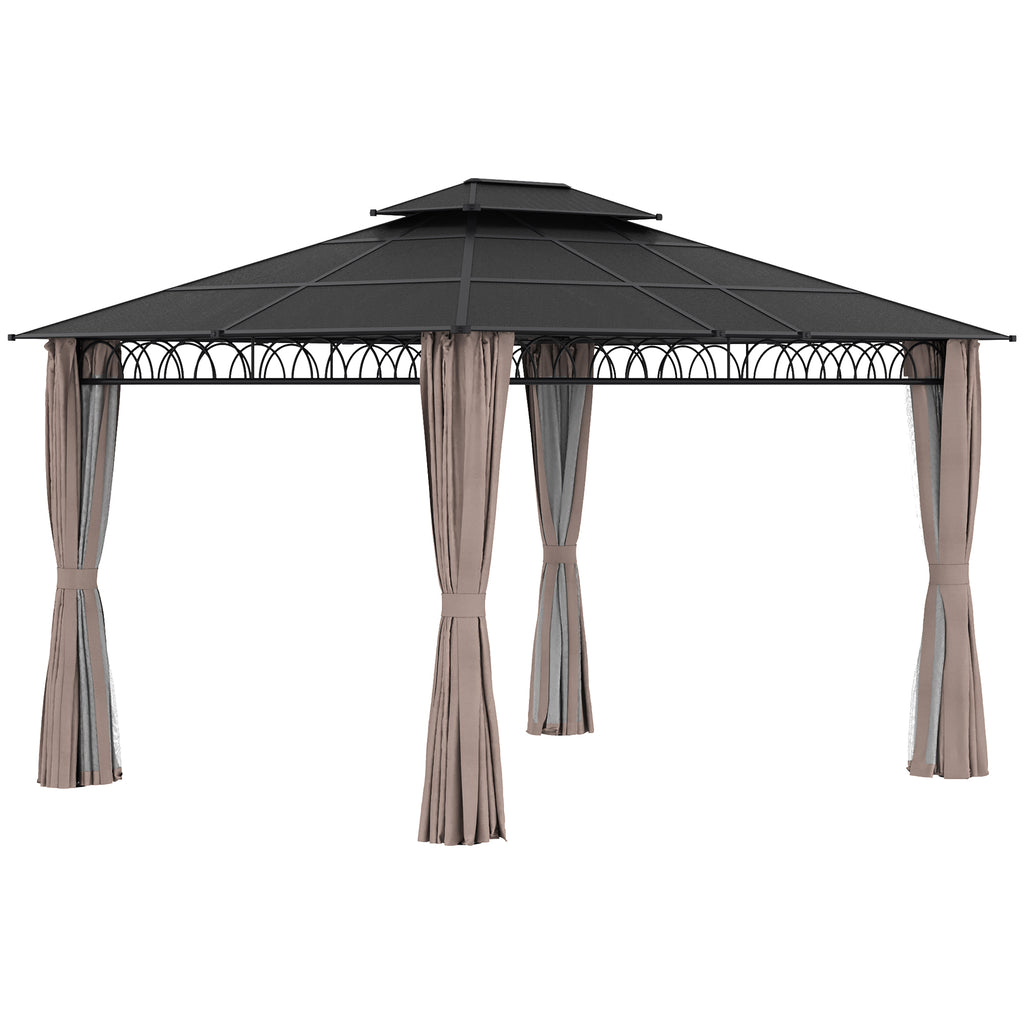 DodiOnline 3.6 x 3 (m) Outdoor Polycarbonate Gazebo, Double Roof Hard Top Gazebo with Nettings & Curtains for Garden, Lawn, Patio