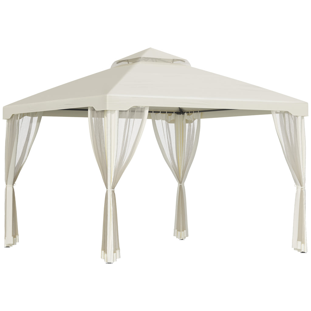 DodiOnline 3 x 3 m Metal Gazebo, Garden Pavillion, Double Roof Outdoor Canopy Shelter with Mesh Sidewalls, Cream White