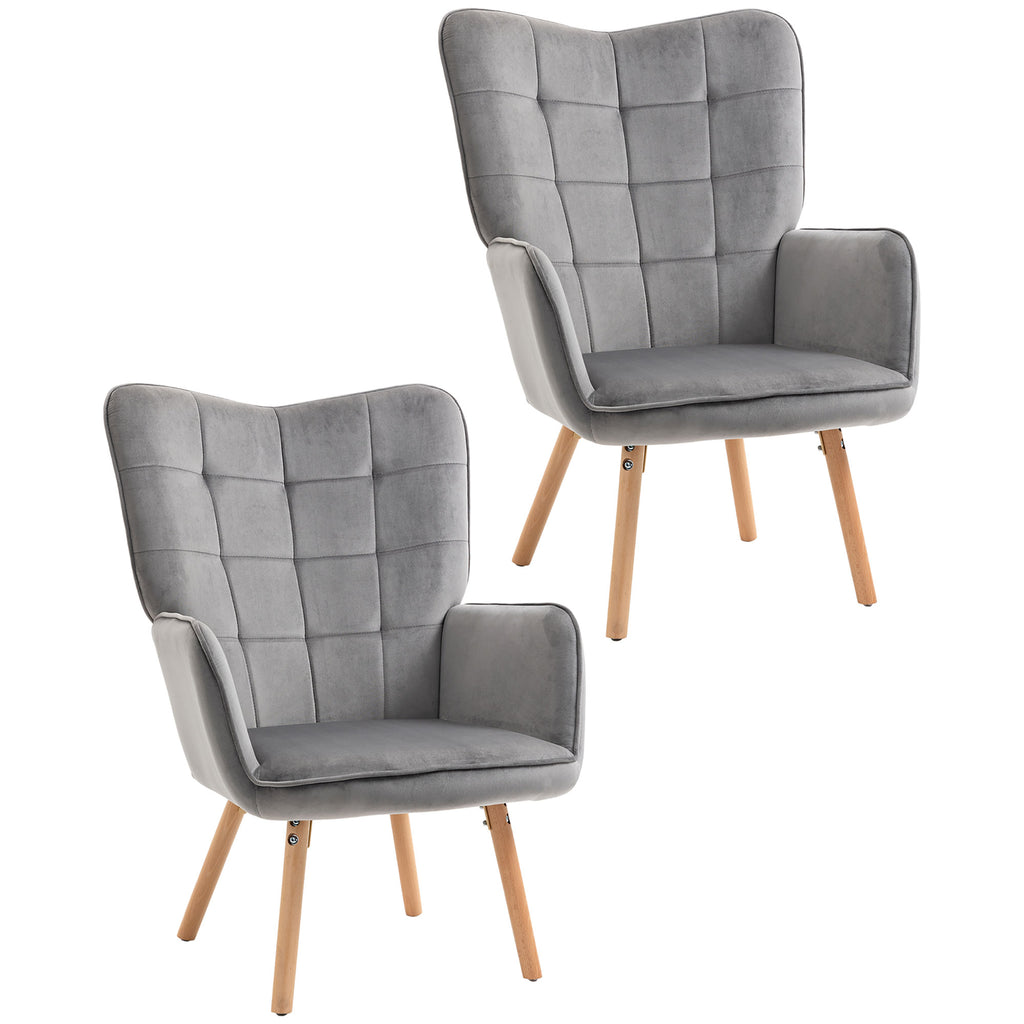 DodiOnline Modern Accent Chair Velvet-Touch Tufted Wingback Armchair Upholstered Leisure Lounge Sofa Club Chair with Wood Legs, Set of 2, Grey