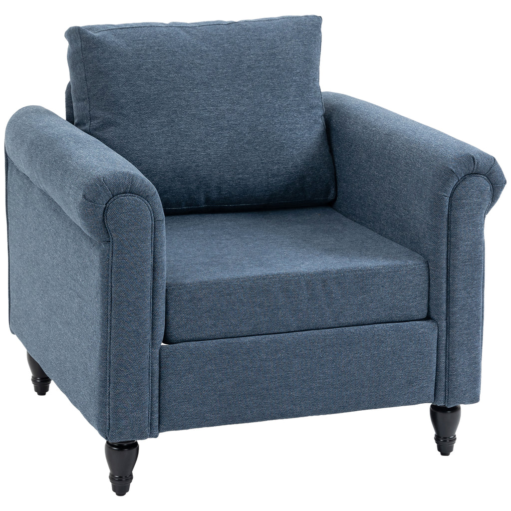 DodiOnline Vintage Accent Chair, Upholstered Occasional Chair with Back Pillow, Rolled Arms,  Rubber Wood Legs, Dark Blue