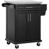 DodiOnline Wooden Kitchen Island on Wheels, Serving Cart Storage Trolley with Stainless Steel Top, Drawer, Side Handle and Rack, Black