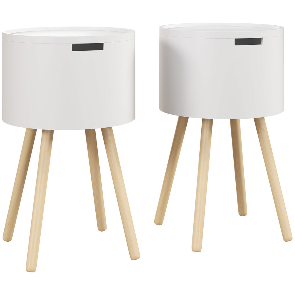 DodiOnline Modern Side Table with Hidden Storage Space, Round Night Stand with Removable Tray Wood Frame End Coffee Table for Living Room, Set of 2, White