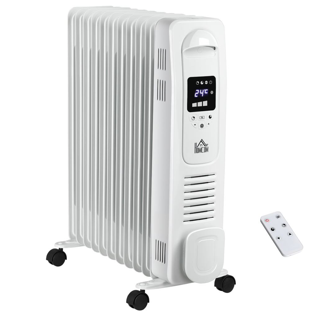 DodiOnline 2500W Digital Display Oil Filled Radiator, 11 Fin Portable Electric Heater with Timer, Adjustable Thermostat, Three Heat Settings, Safety Cut Off, Remote, White