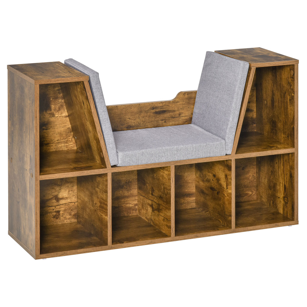 DodiOnline Bookcase Storage Shelf with Cushioned Reading Seat, Cube Bookshelf Organizer for Bedroom Living Room, Rustic Brown