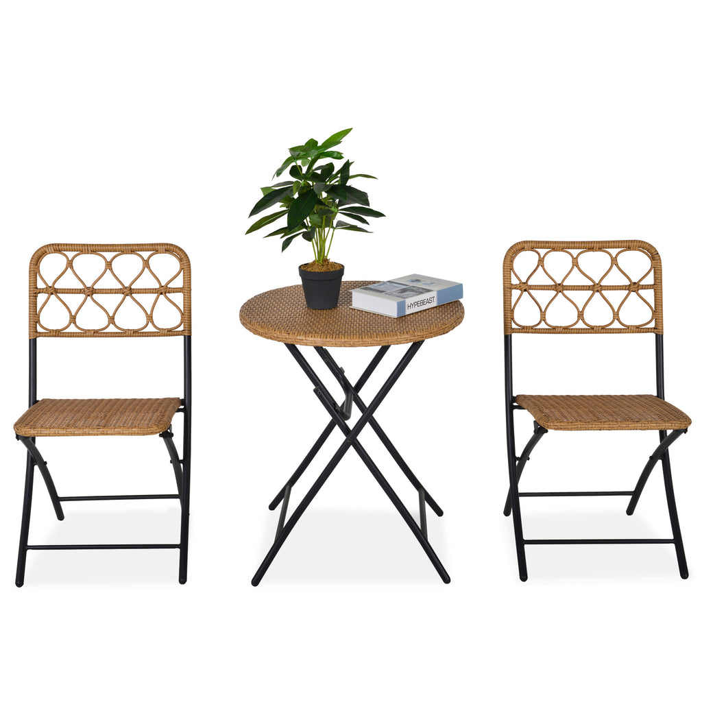 DodiOnline 2 Seater Foldable Rattan Wicker Bistro Set, Coffee Table and Chairs, Natural