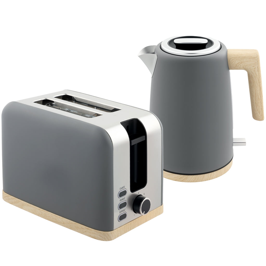 DodiOnline Kettle and Toaster Set, 1.7L 3000W Fast Boil Kettle & 2 Slice Toaster Kitchen Set with 7 Level Browning Controls, Defrost, Reheat, Auto Off, Boil-dry Protection, Grey