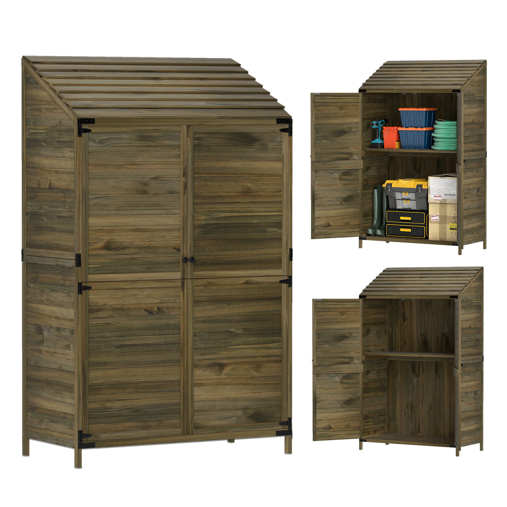 DodiOnline Lean to Wooden Garden Shed, Garden Tool Storage Shed with Double Doors and Shelves, Outdoor Storage Cabinet for Patio Deck Garden, Green
