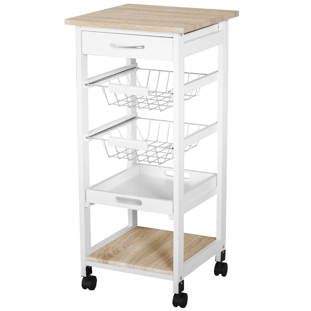 DodiOnline Mobile Rolling Kitchen Island Trolley for Home w/ Metal Baskets Trays Shelves Wheels Compact Stylish Storage White