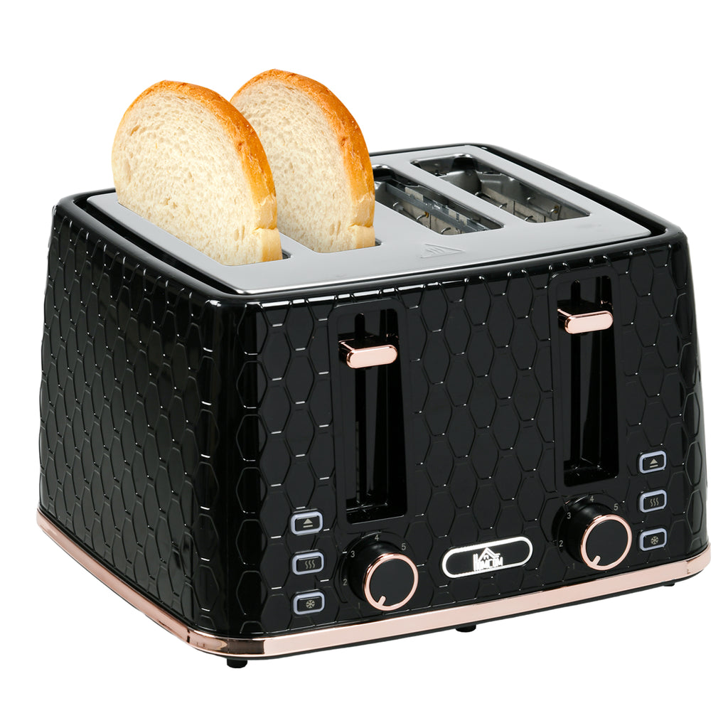 DodiOnline 4 Slice Toaster with 7 Browning Levels, High Lift, Reheat/Defrost/Cancel, Self-centring Function, Removable Crumb Tray, Auto Off, 1600W, Black Honeycomb Texture