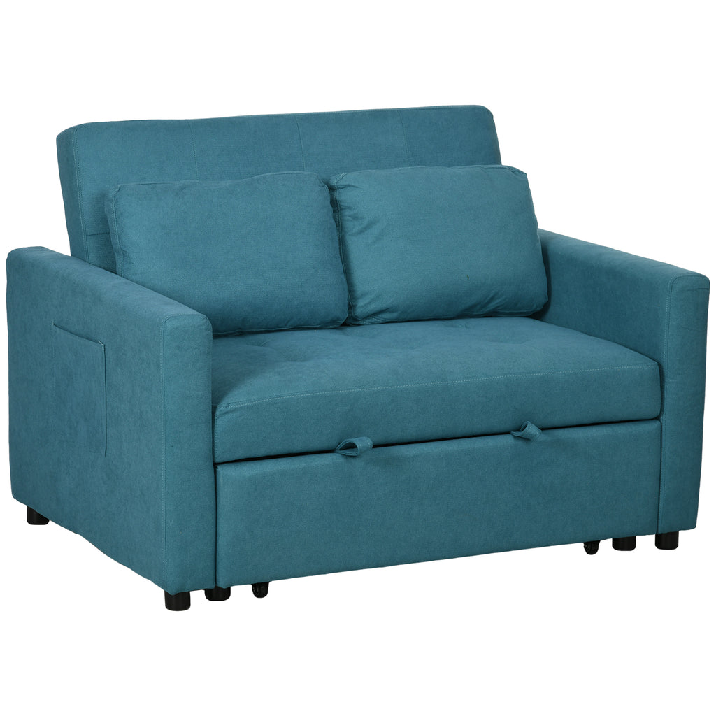 DodiOnline Loveseat Sofa Bed, Convertible Bed Settee with 2 Cushions, Side Pockets for Living Room, Blue