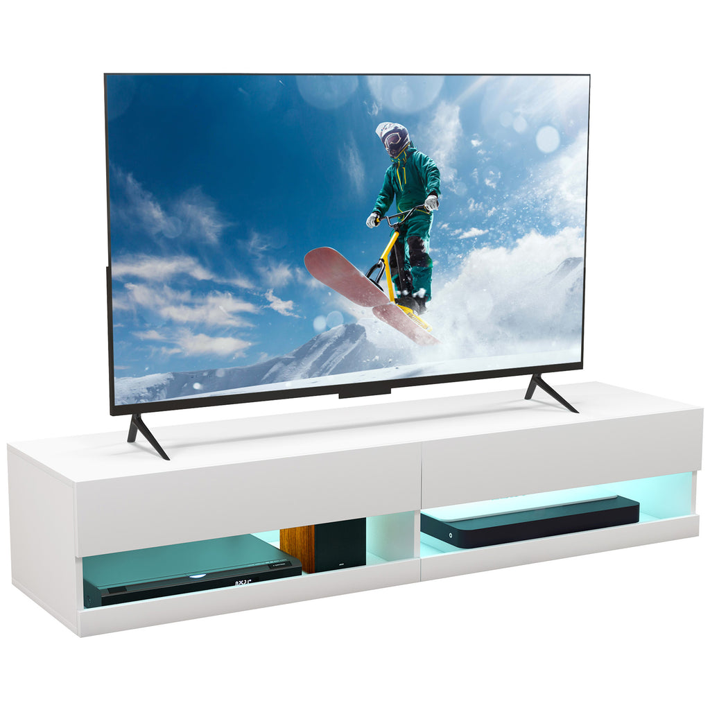 DodiOnline Floating TV Unit, Wall Mounted TV Cabinet for TVs up to 65", High Gloss Media Wall Unit with LED Lights, Storage Shelves for Living Entertainment Room, White