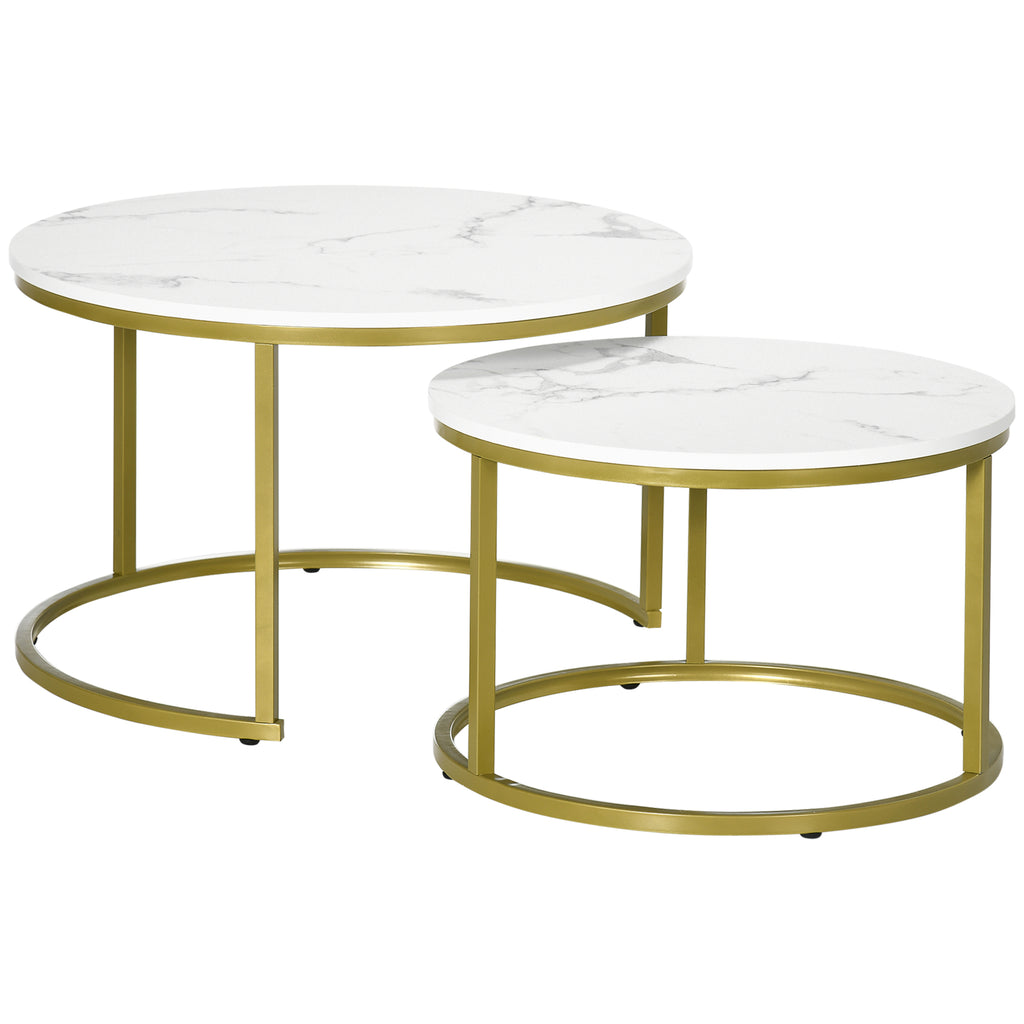 DodiOnline Coffee Table Set of 2, Round Nest of Tables with Faux Marble Tabletop and Metal Frame, Modern Side Tables for Living Room, White