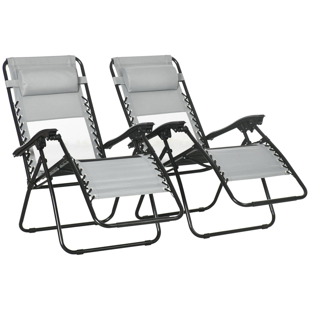 DodiOnline Garden Recliner Chairs Set of 2, Outdoor Foldable Zero Gravity Chairs Set w/ Footstool and Detachable Headrest, Grey