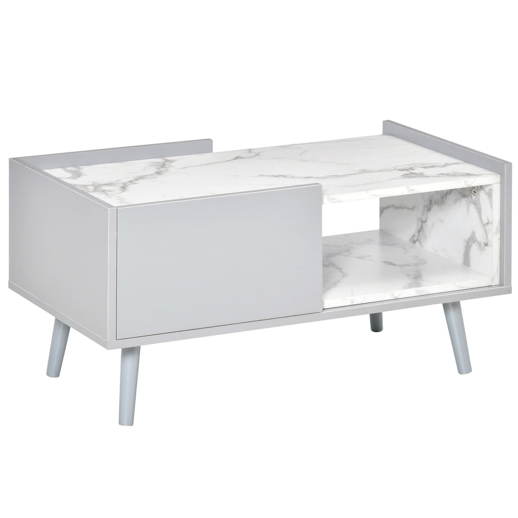DodiOnline White Coffee Table with Faux Marble Top, 2-Tier Wood Center Table Sofa Table with Storage Drawer and Shelf for Home Living Room Reception Room