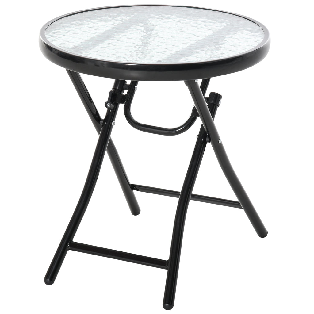 DodiOnline Foldable Garden Table, Round Folding Table with Glass Tabletop and Safety Buckle for Patio, Garden, Outdoor, Indoor, Black