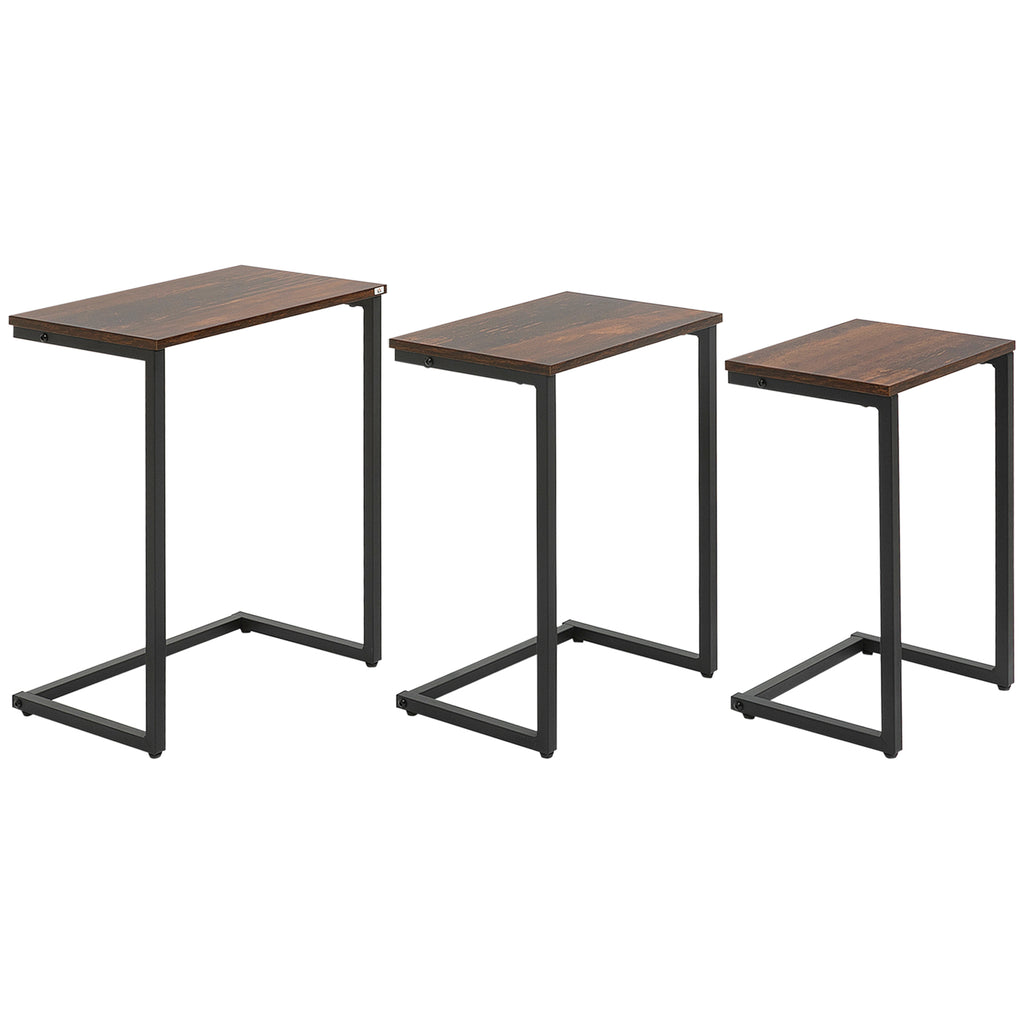 DodiOnline Nesting Side Tables Set of 3, C-Shaped Snack Side Tables with Steel Frame for Sofa Couch and Bed, Rustic Brown