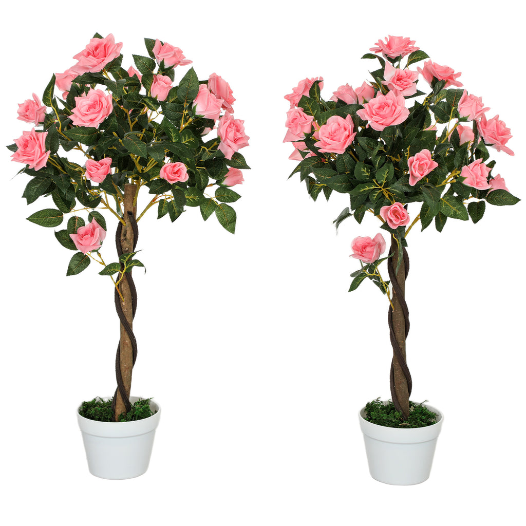 DodiOnline Set of 2 Artificial Plants Pink Rose Floral in Pot, Fake Plants for Home Indoor Outdoor Decor, 90cm
