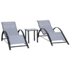 DodiOnline 3 Pieces Lounge Chair Set Metal Frame Garden Outdoor Recliner Sunbathing Chair with Table, Light Grey