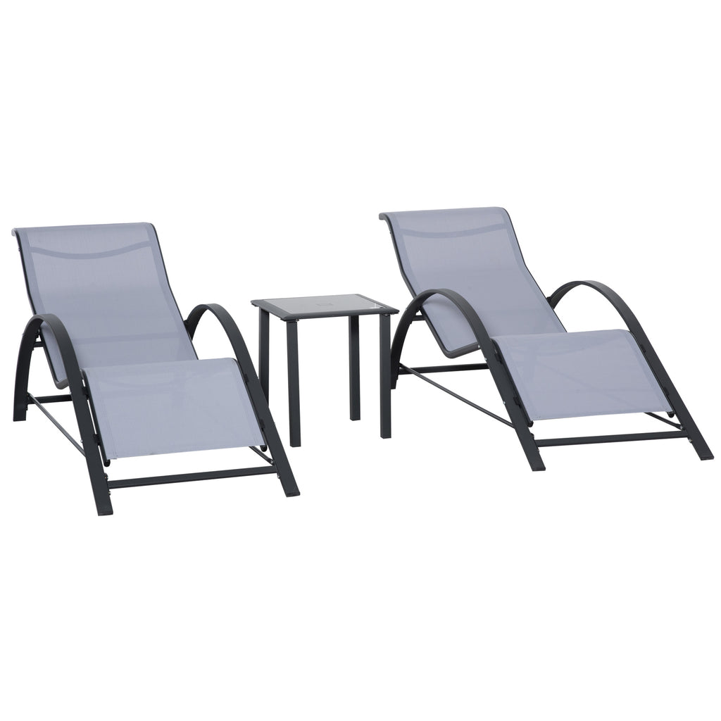 DodiOnline 3 Pieces Lounge Chair Set Metal Frame Garden Outdoor Recliner Sunbathing Chair with Table, Light Grey