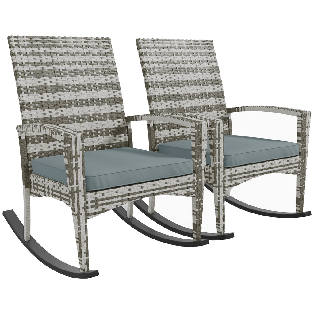 DodiOnline Outdoor PE Rattan Rocking Chair Set of 2, Garden Rocking Chair Set with Armrest and Cushion, Light Grey
