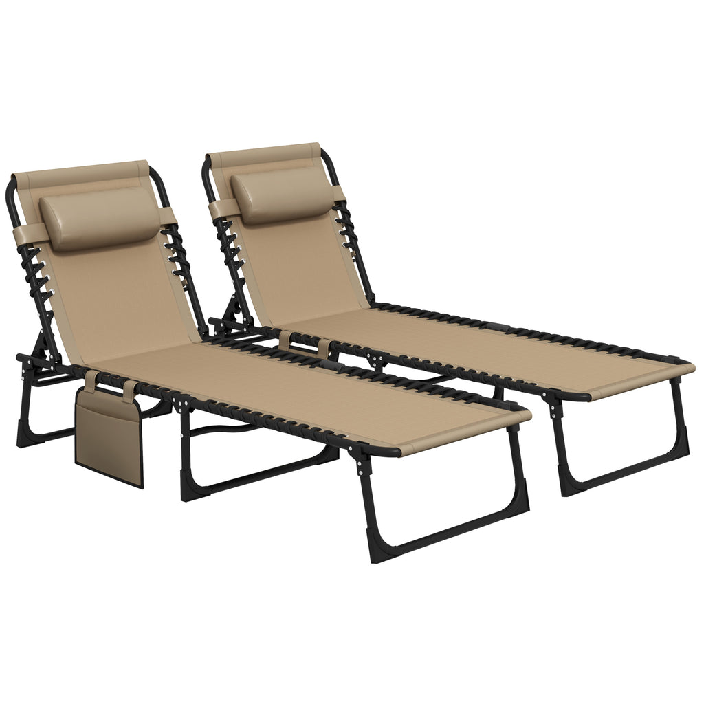 DodiOnline Portable Sun Lounger Set of 2, Folding Camping Bed Cot, Reclining Lounge Chair 5-position Adjustable Backrest with Side Pocket, Pillow for Patio Garden Beach Pool, Beige