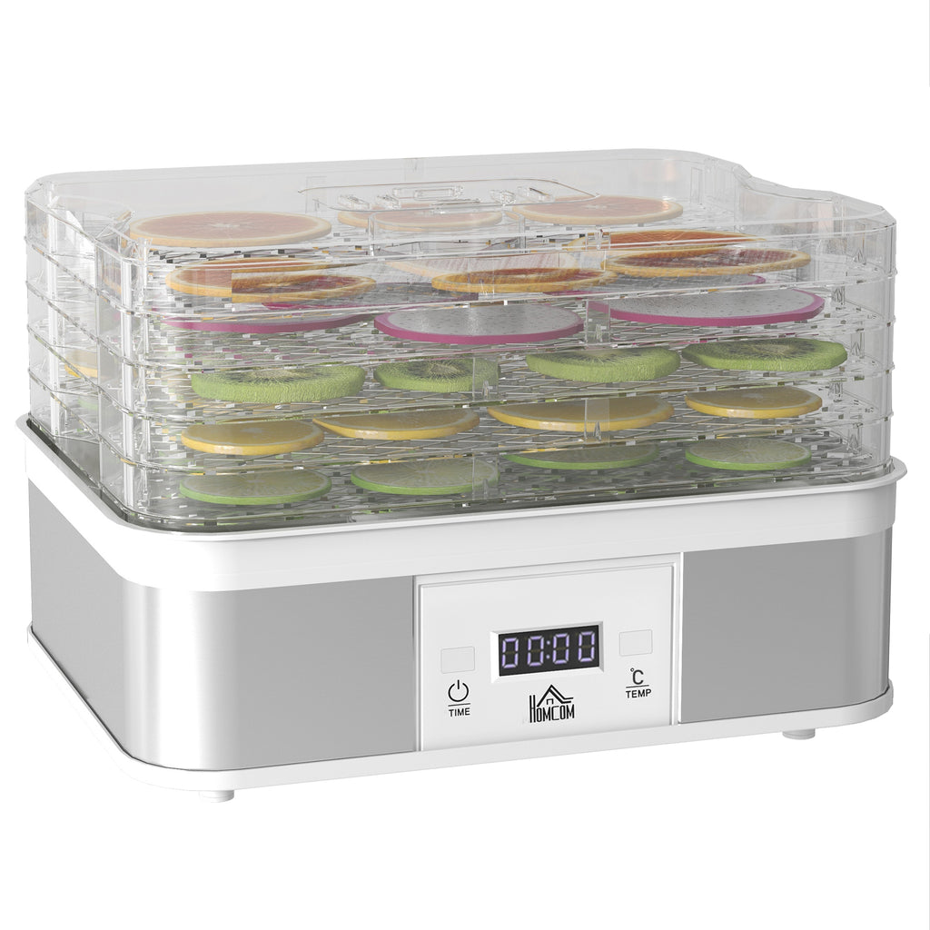 DodiOnline 5 Tier Food Dehydrator, 245W Stainless Steel Food Dryer Machine with Adjustable Temperature, Timer and LCD Display for Drying Fruit, Meat, Vegetable, Jerky and Pet Treat, White