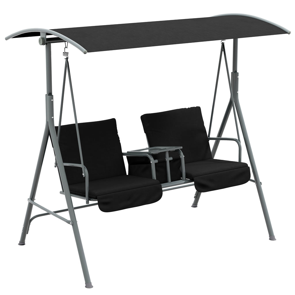 DodiOnline 2 Seater Garden Swing Chair Patio Rocking Bench w/ Tilting Canopy, Double Padded Seats, Storage Bag and Tray, Black