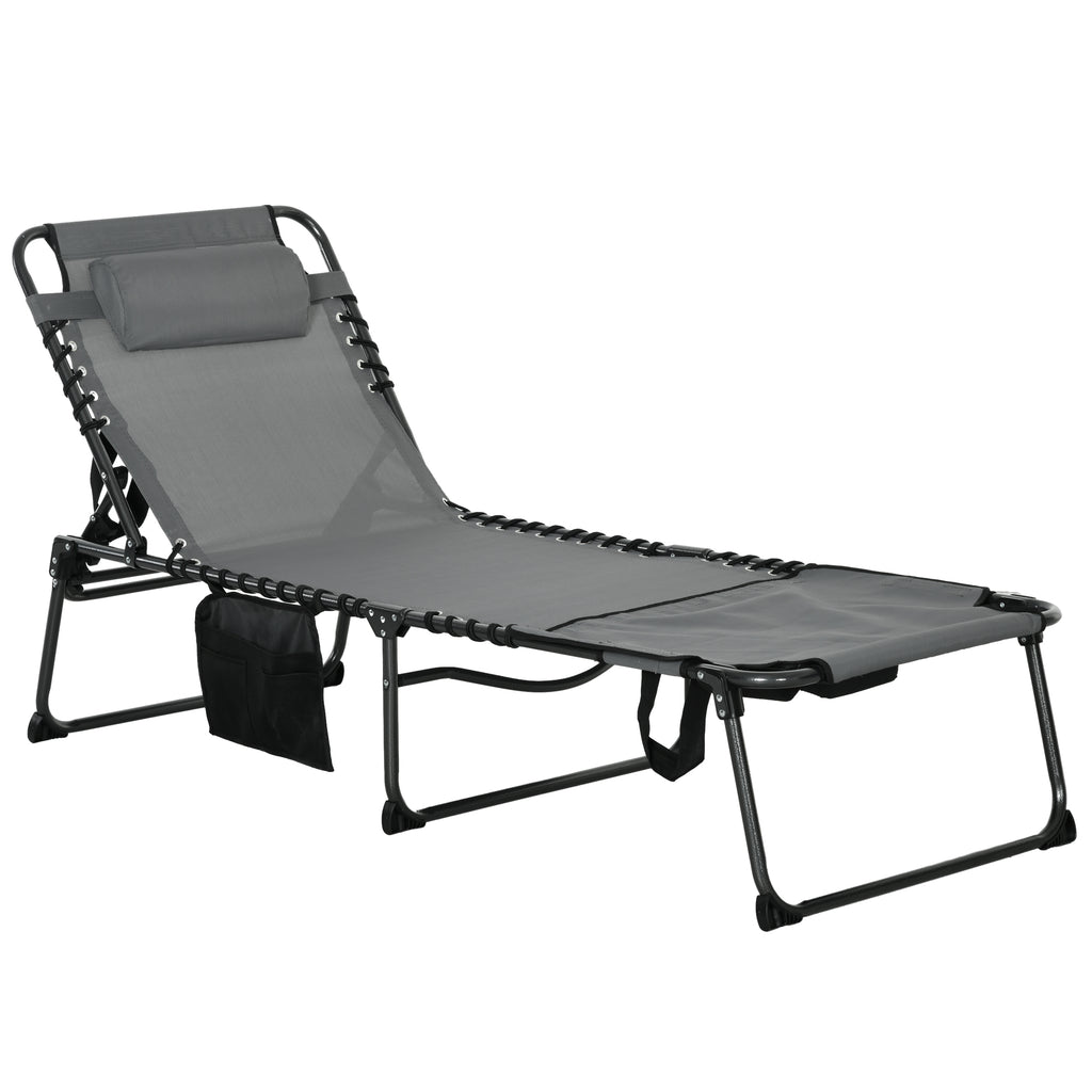 DodiOnline Folding Sun Lounge with 5-level Reclining Back, Outdoor Tanning Chair with Reading Hole, Outdoor Sun Lounge with Side Pocket, Headrest, for Beach, Yard, Patio, Grey