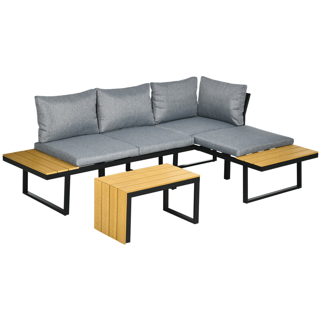 DodiOnline 3 Pieces Patio Furniture Set, Outdoor Garden Sofa Conversation Set w/ Padded Cushions, Wood Grain Plastic Top Table and Side Panel, Dark Grey